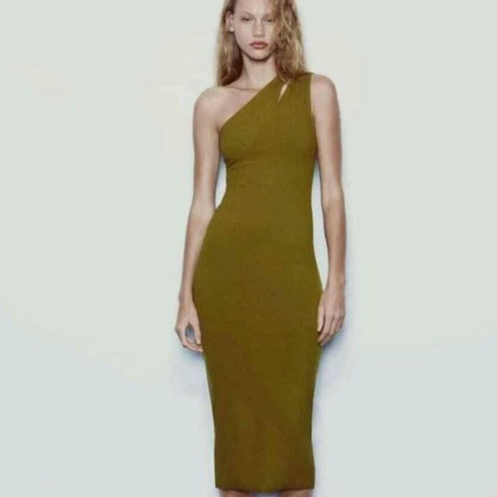 Zara One-Shoulder Dress in Olive Green - Small